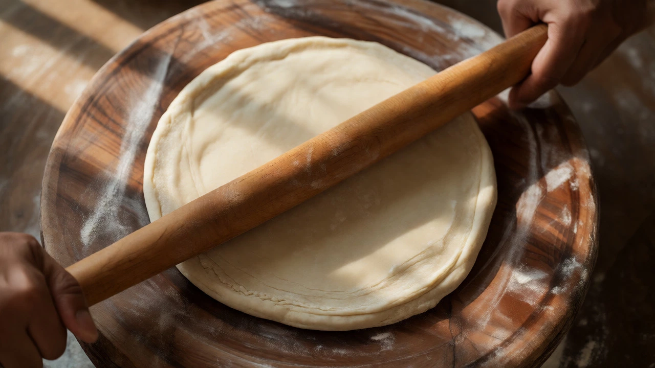 Rolling pin flattening dough into a circle on a wooden board