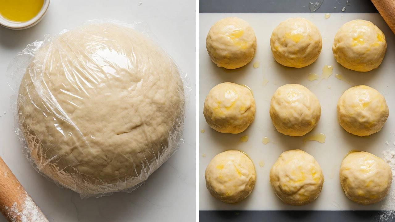 Roti dough wrapped in plastic and oiled dough balls ready for cooking.