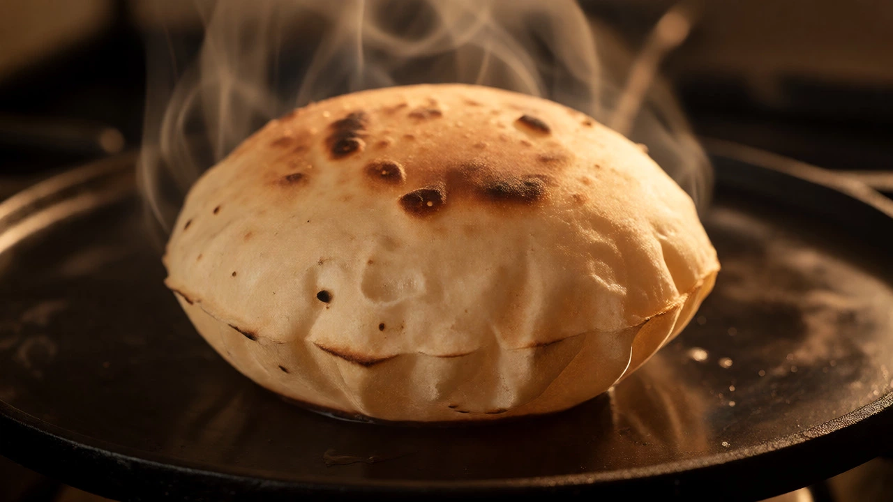 Round roti puffing up on a hot cast-iron tawa griddle