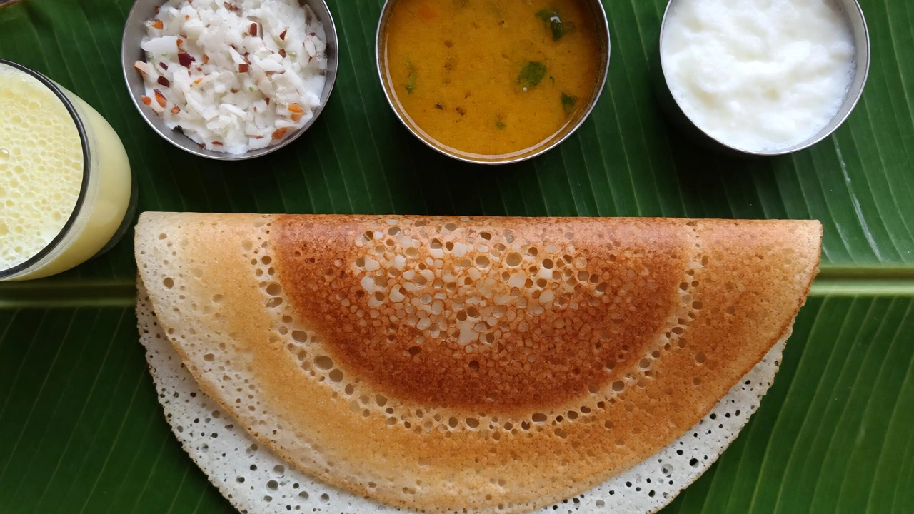 South Indian Dosa meal on a banana leaf