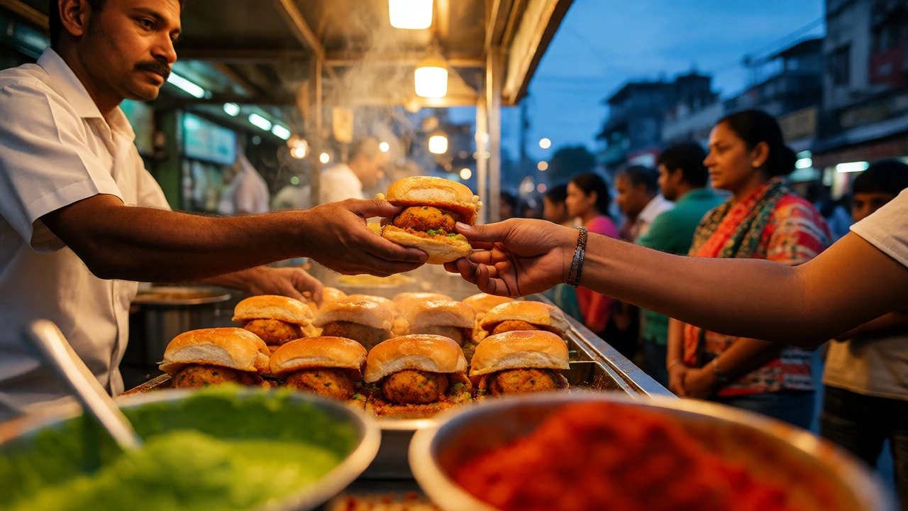Street vendor serving hot Vada Pav at night