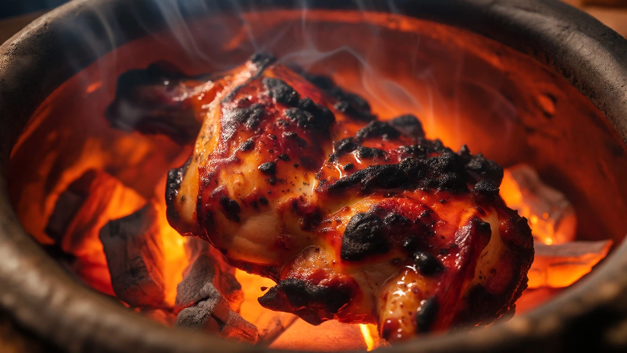 Tandoori chicken charring over hot coals in a clay oven