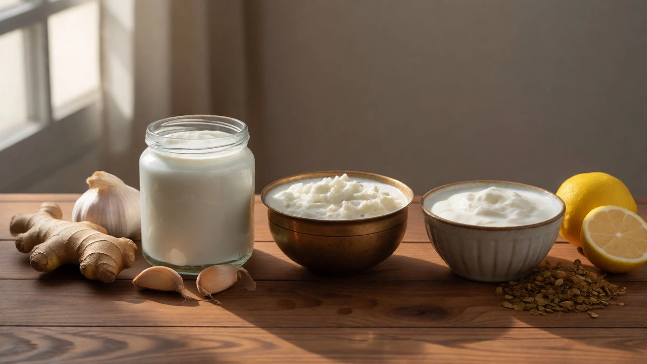 Three types of yogurt displayed with fresh cooking ingredients