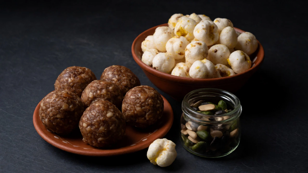 Traditional Indian snacks including date laddoos and ghee-roasted fox nuts.